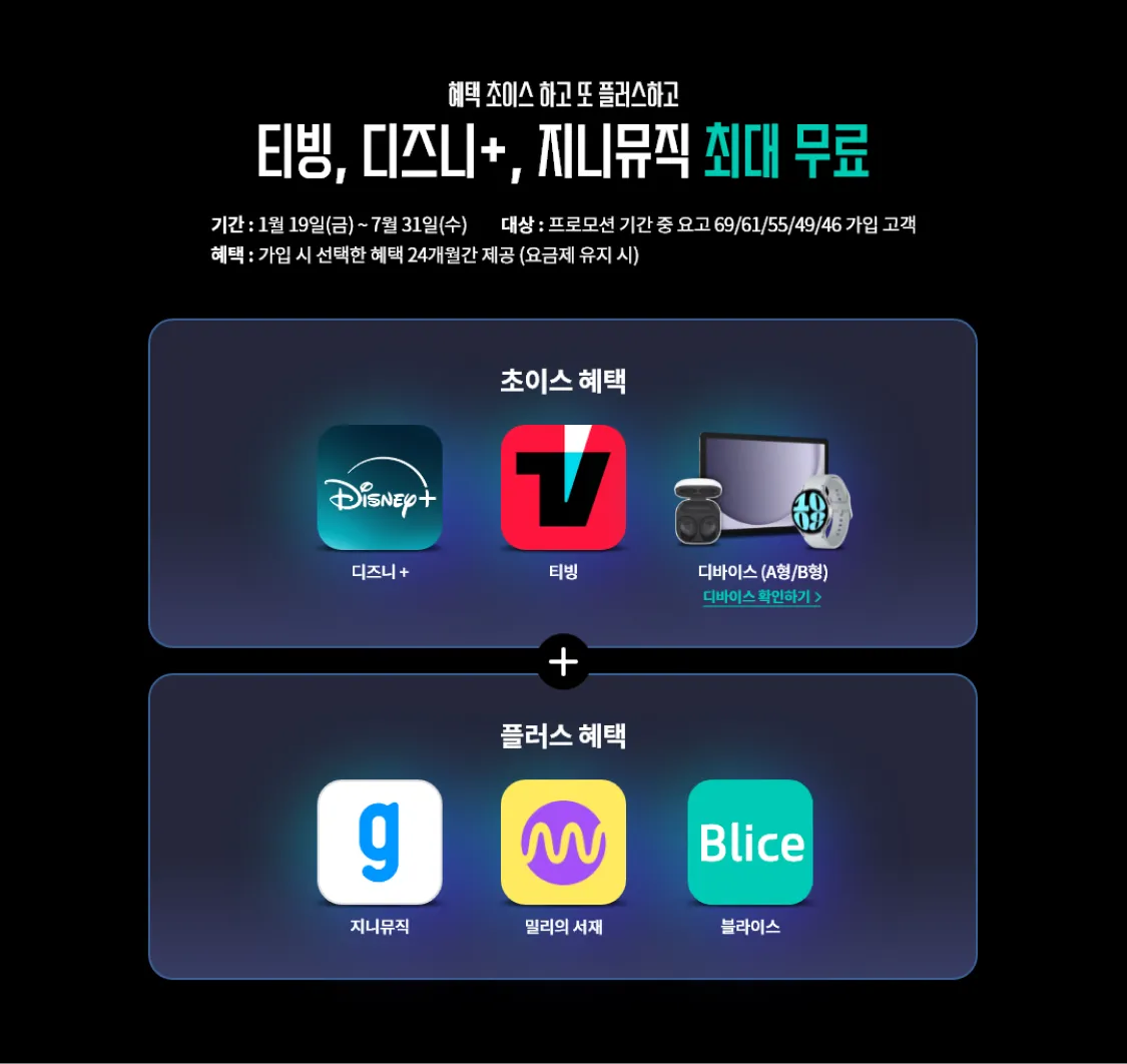 티빙, 디즈니+,지니,</br>밀리의서재가 최대 무료에 대한 이미지