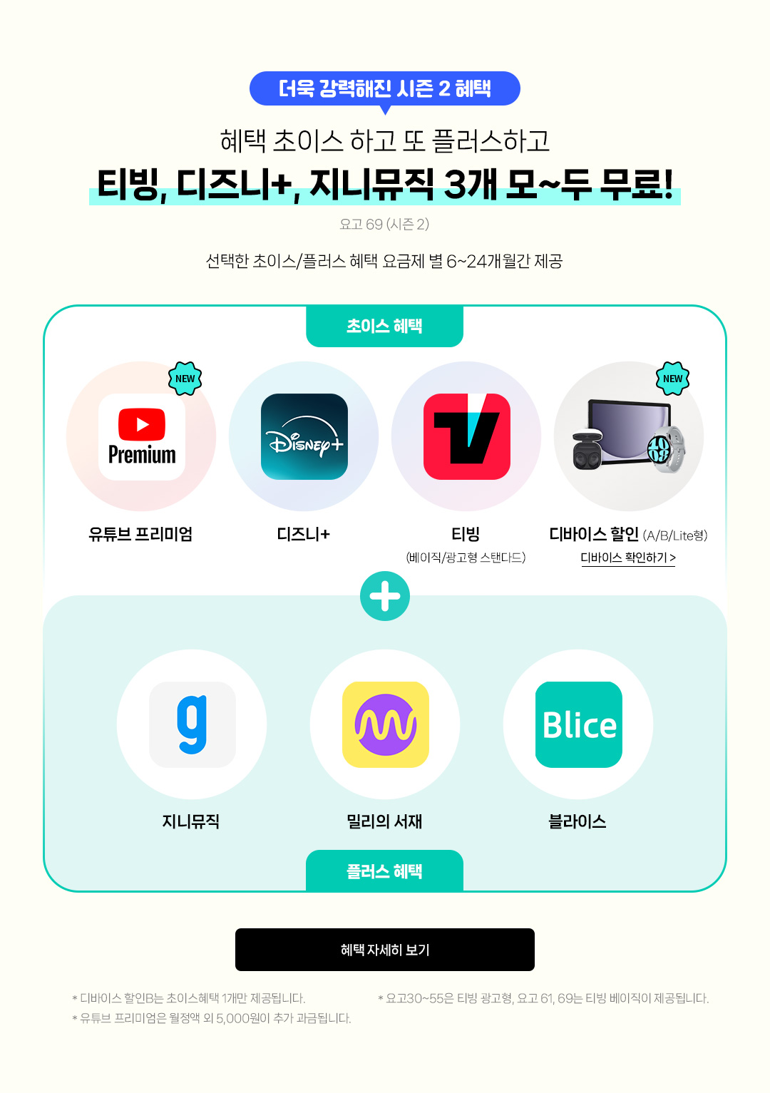 티빙, 디즈니+,지니,</br>밀리의서재가 최대 무료에 대한 이미지