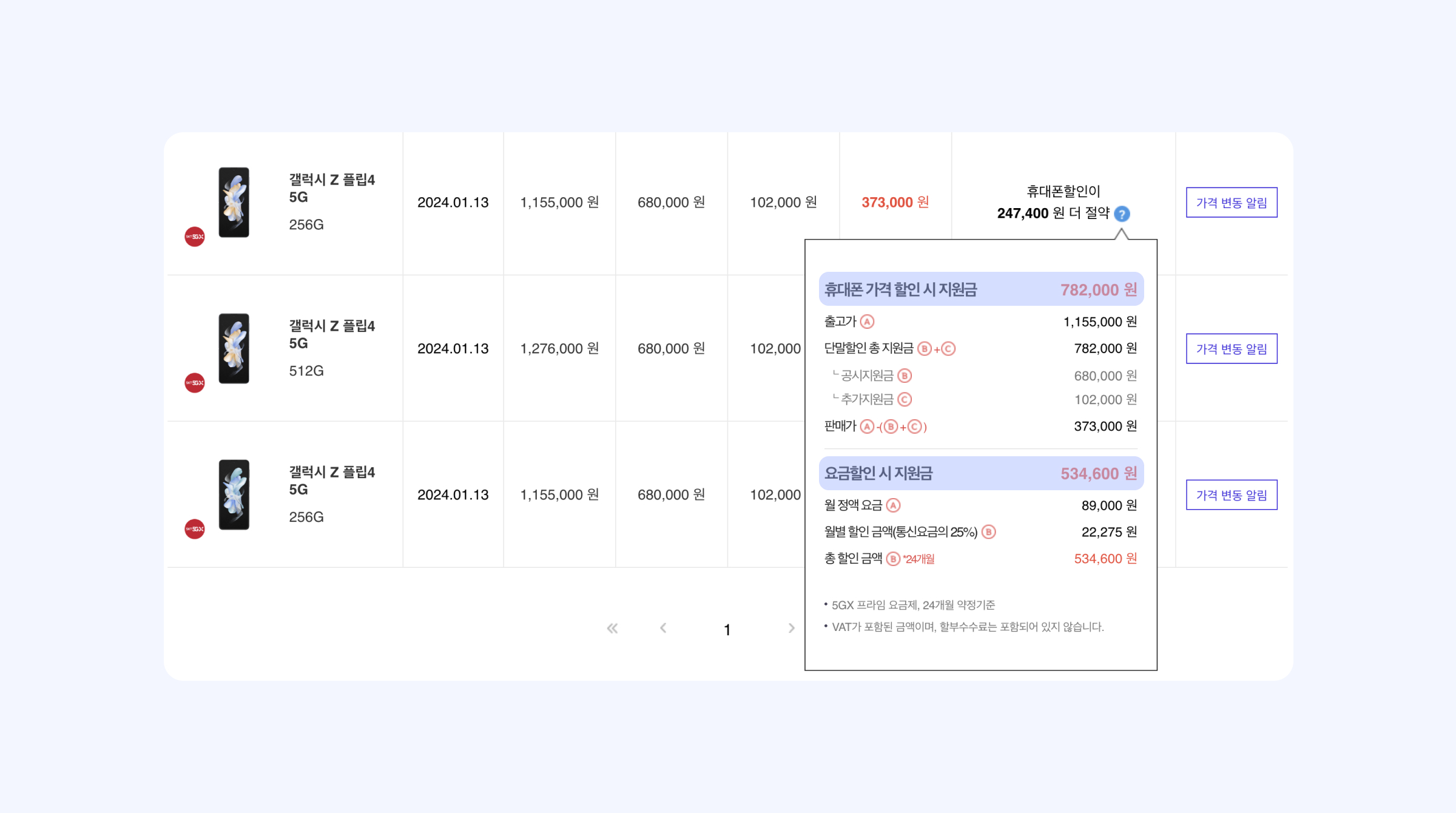 휴대폰 살 때 공시지원금 받는게 좋을까? 콘텐츠 내용 중, T다이렉트 샵 공시지원금 예시 화면을 보여주는 이미지입니다.