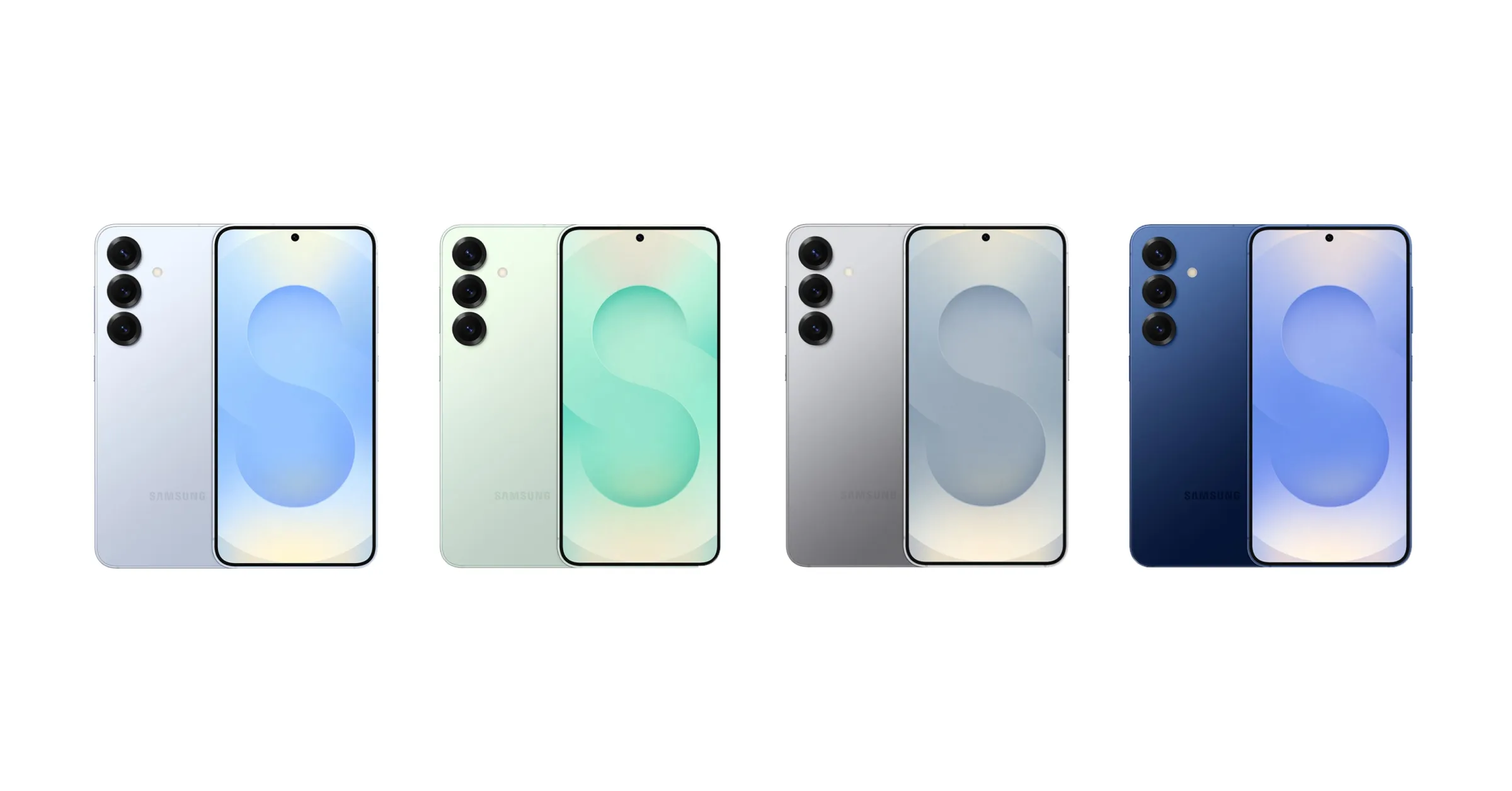 갤럭시 S25, 휴대폰 사진이에요. 왼쪽부터 아이스 블루, 민트, 실버 쉐도우, 네이비 색상 이미지예요.