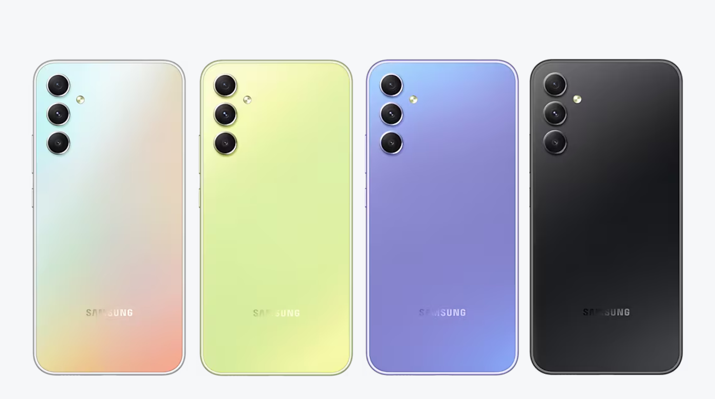 갤럭시A34 스펙 콘텐츠에 첨부된 모델 색상을 설명하는 사진이에요. 왼쪽부터 갤럭시 A34 실버,라임,바이올렛,그라파이트 색상이에요.