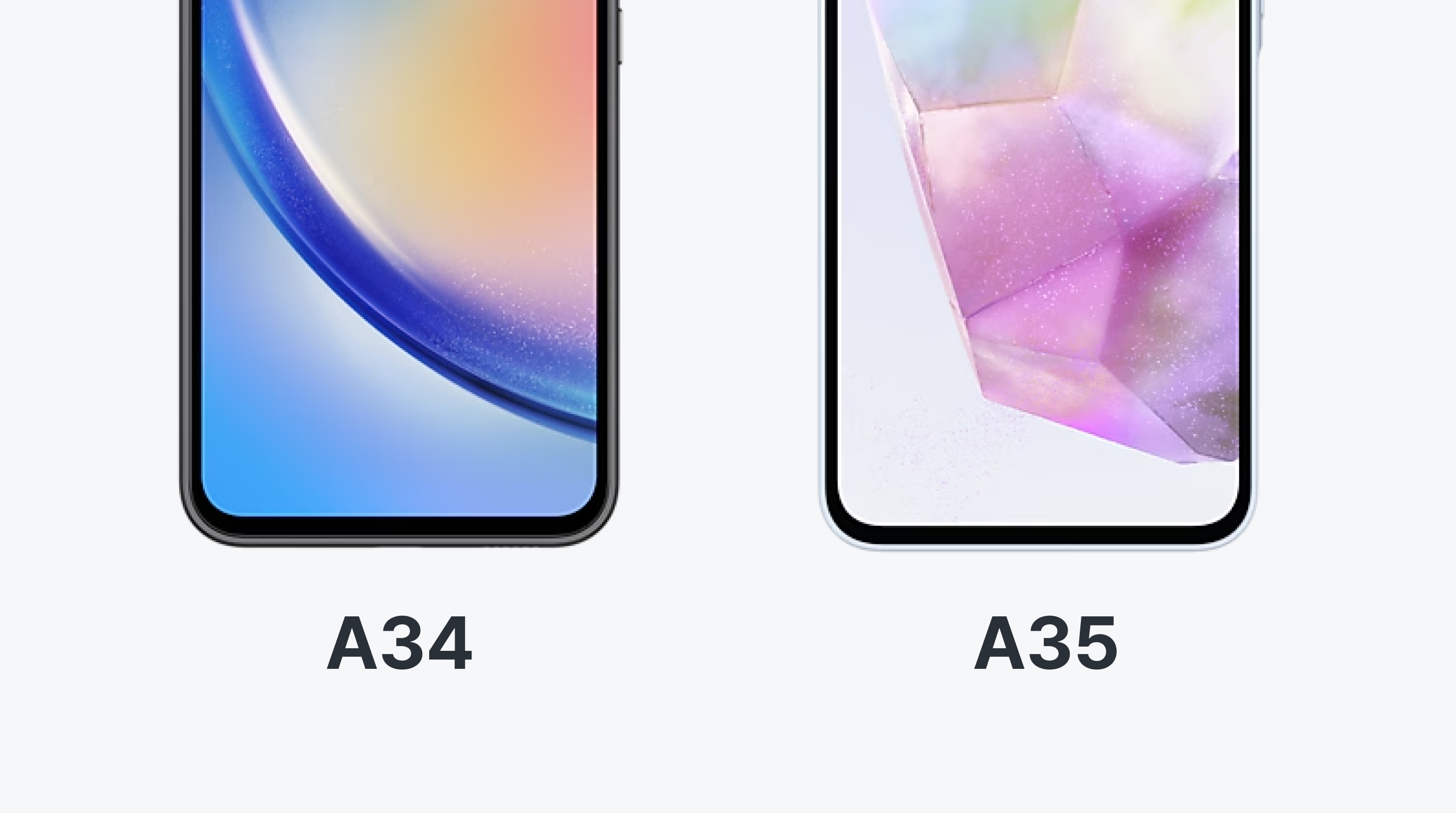 갤럭시A34 스펙 콘텐츠에 첨부된 갤럭시 A34,A35 디스플레이 비교 이미지예요. 왼쪽 갤럭시 A34, 오른쪽 갤럭시 A35이에요.
