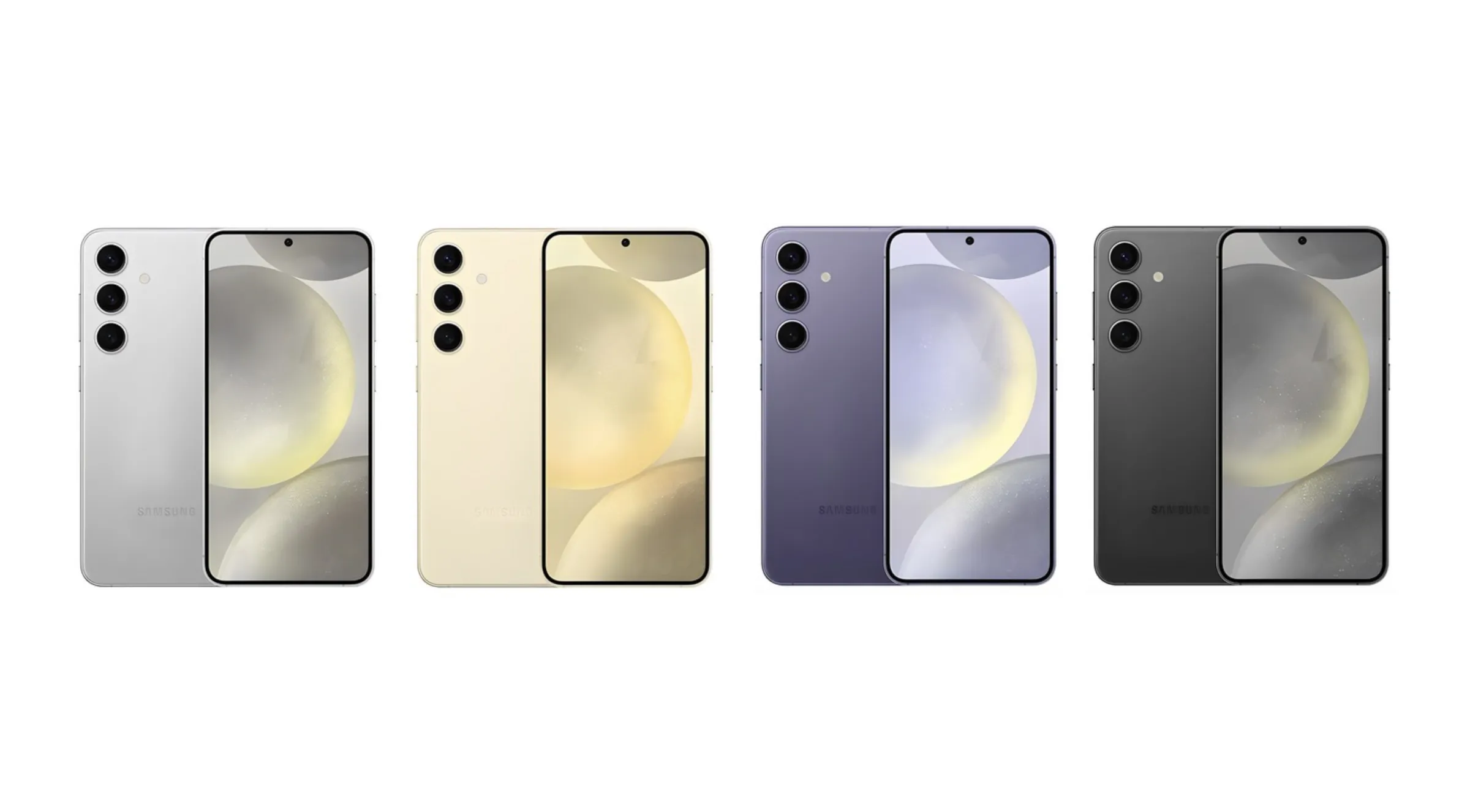 갤럭시S24 가격 비교 콘텐츠에 첨부된 사진으로 갤럭시 S24 색상 왼쪽부터 (마블 그레이, 엠버 옐로우, 코발트 바이올렛, 오닉스 블랙)