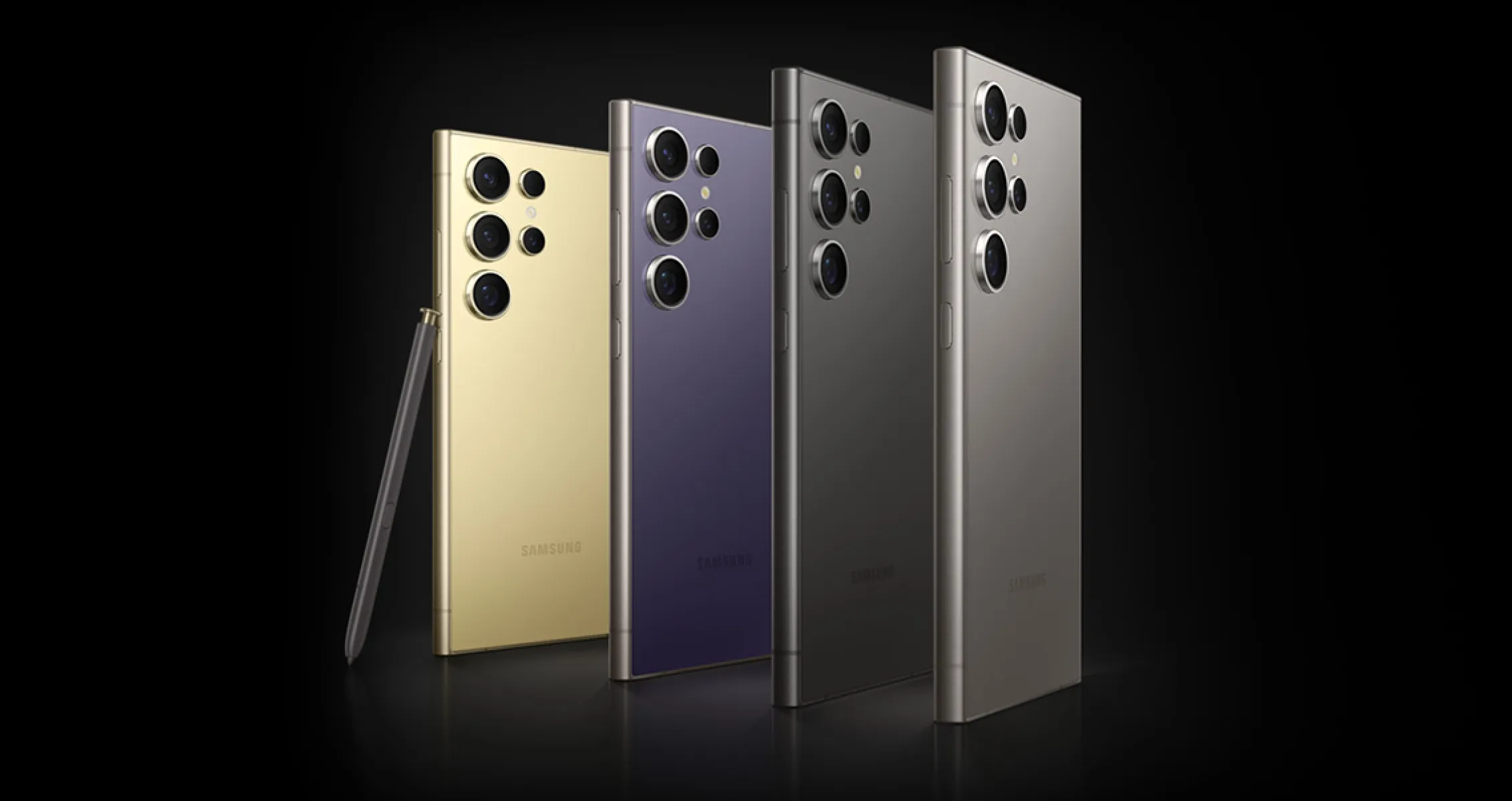 갤럭시S24 울트라(Ultra) 콘텐츠에 첨부된 사진으로 갤럭시 S24 울트라 모델 색상 사진에 대해 설명하는 이미지예요. 왼쪽부터 엠버 엘로우, 코발트 바이올렛, 오닉스 블랙, 마블 그레이 색상이에요.