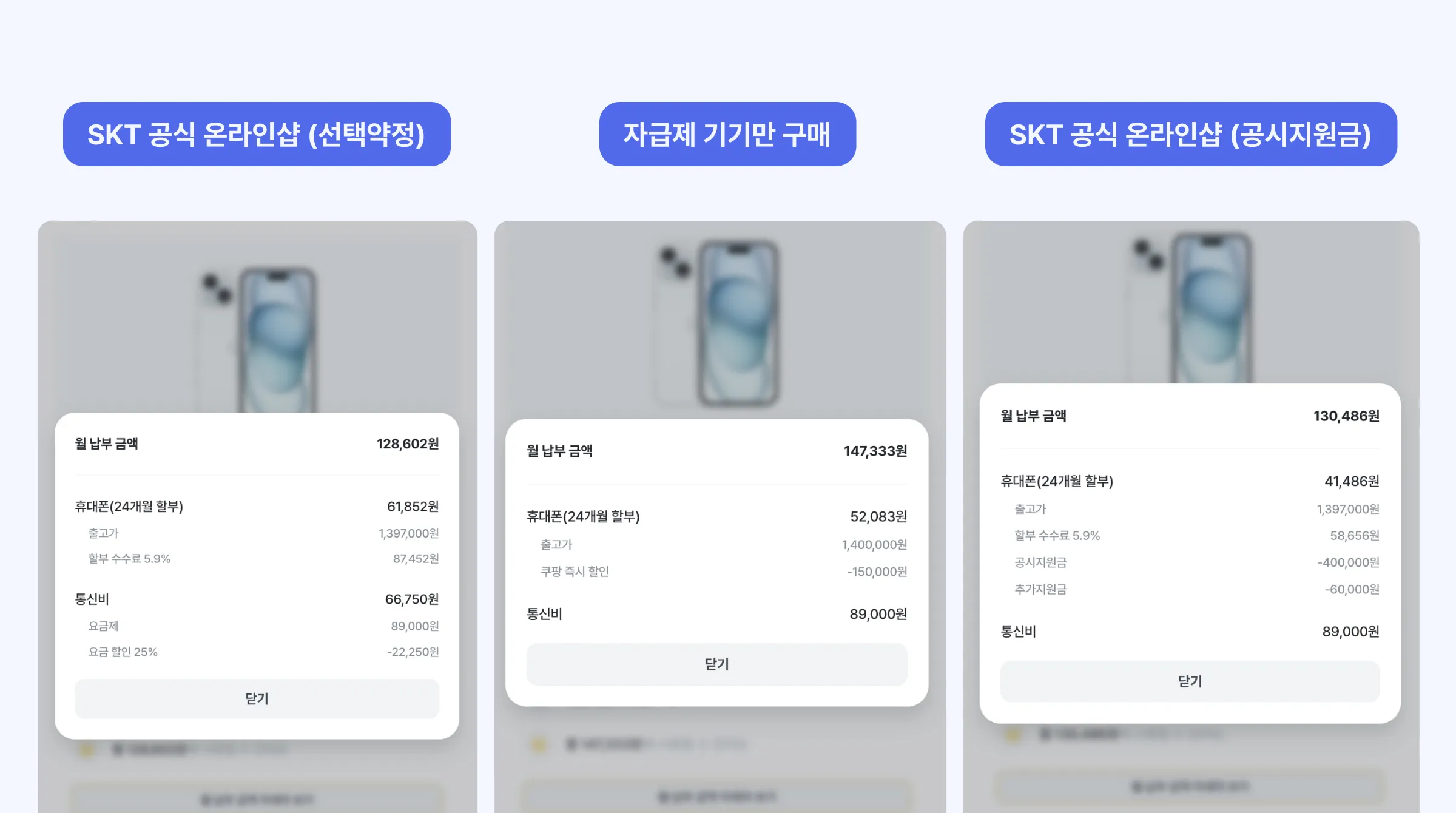 아이폰15 싸게 사는 법 콘텐츠 내용 중, 아이폰15 기기 기준 선택약정, 자급제, 공시지원금으로 구매했을 때의 가격을 비교&설명하는 이미지입니다.