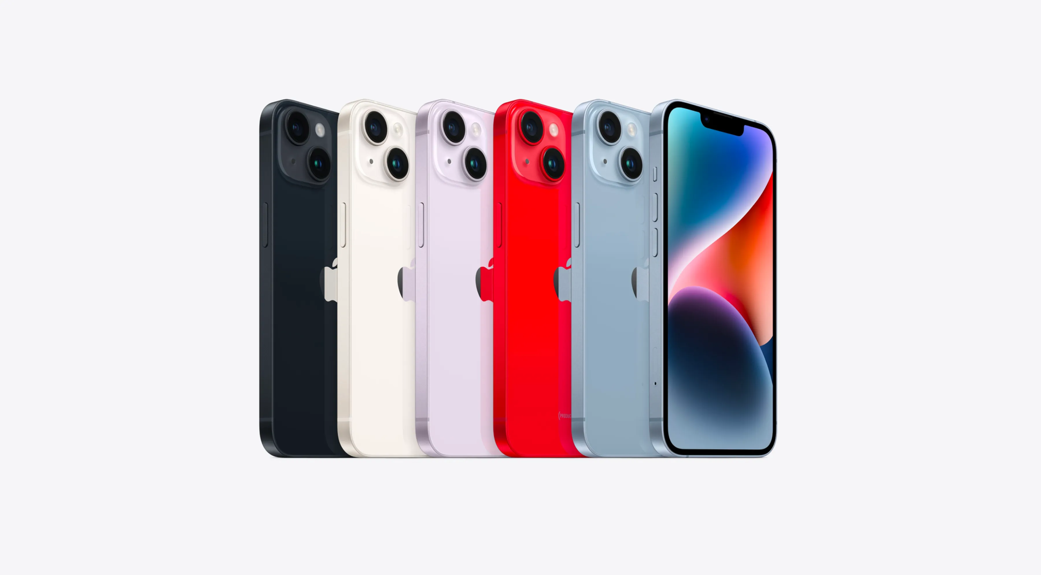 아이폰 14 색상 라인업 (왼쪽부터 블랙, 스타라이트, 퍼플, 프로덕트 레드, 블루)