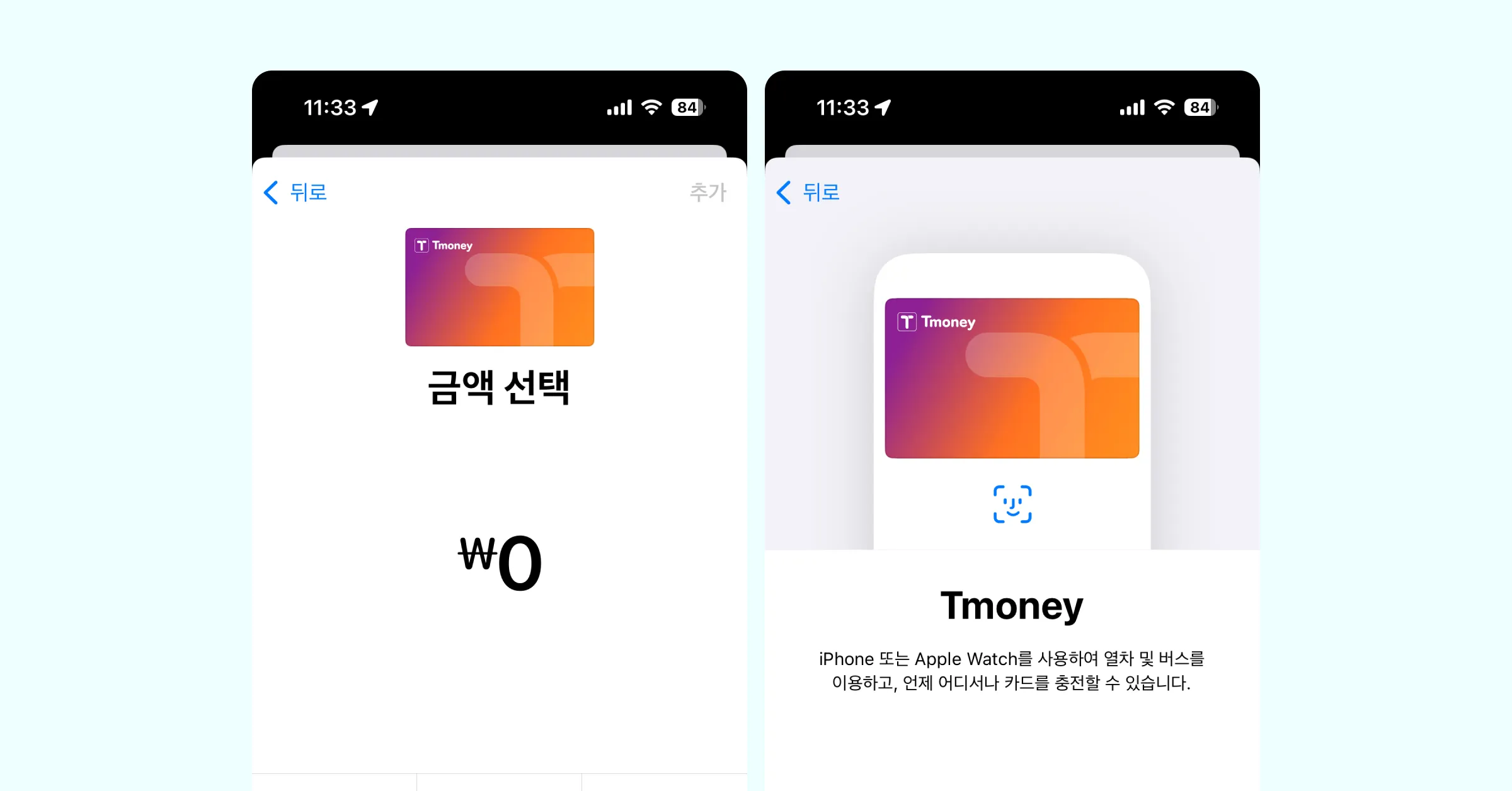 아이폰에서 애플페이 티머니를 등록하는 모습이에요