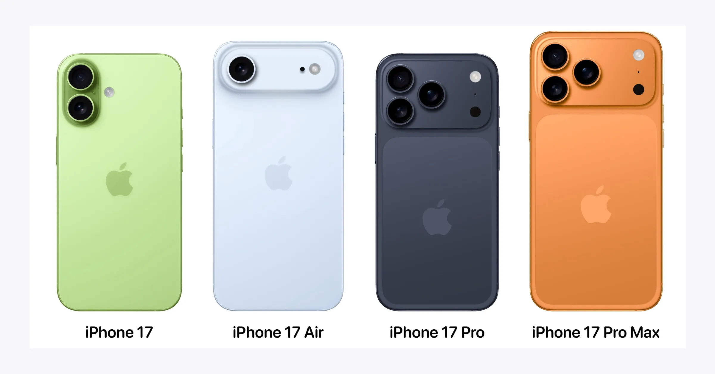 아이폰17프로 예상 렌더링 이미지 왼쪽부터 아이폰17, 아이폰17에어, 아이폰17프로, 아이폰17프로맥스