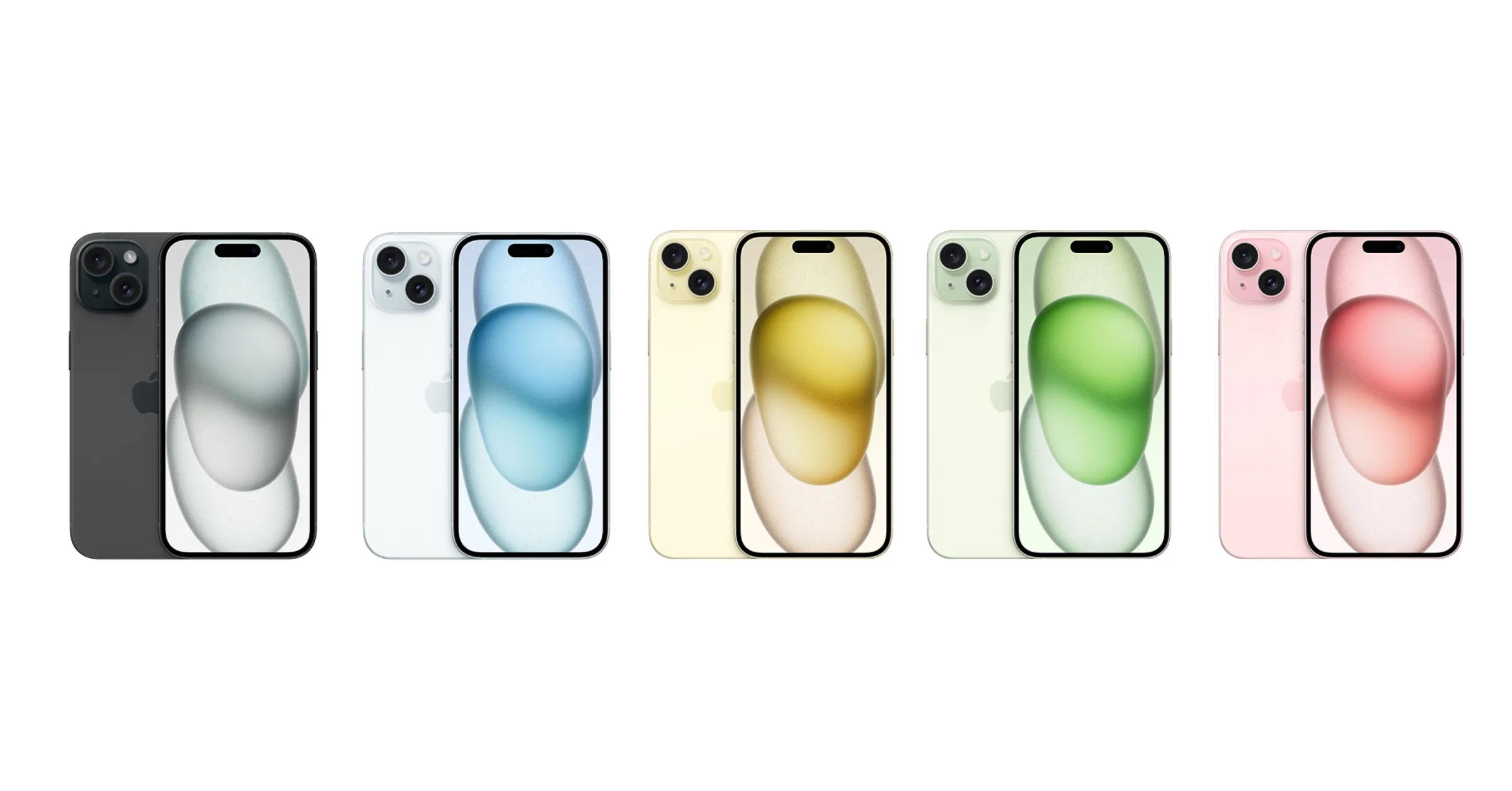 아이폰15 프로 색상, 왼쪽부터 블랙, 블루, 옐로우, 그린, 핑크 색상의 아이폰15 이미지예요