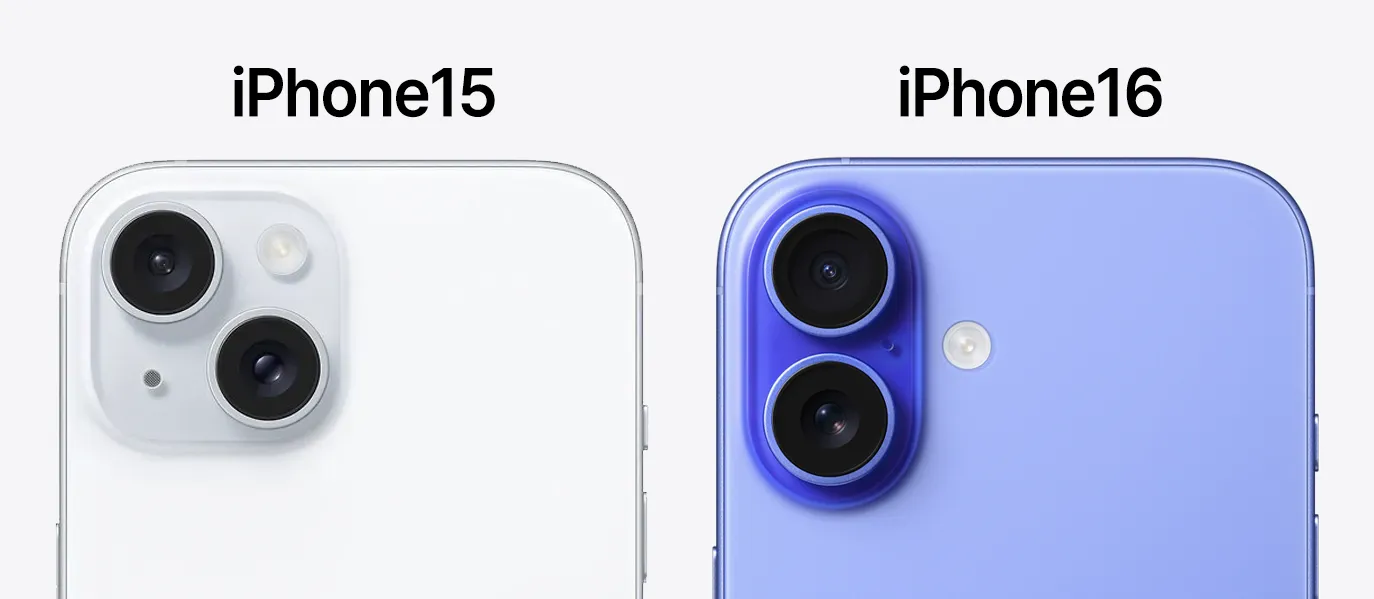 아이폰16 아이폰15 차이점 비교 콘텐츠 내용 중, 아이폰15와 아이폰16의 후면 디자인을 비교하는 이미지입니다.