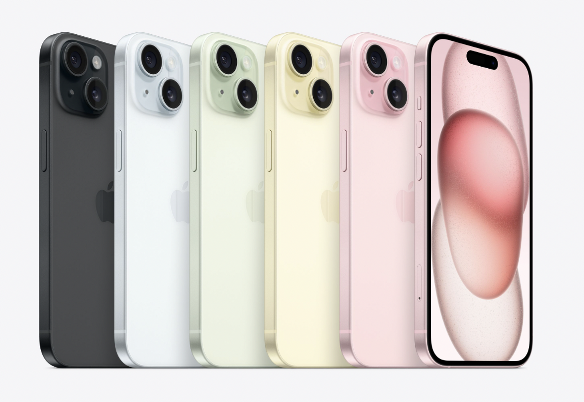 아이폰15 콘텐츠 내용 중, 아이폰15 색상을 보여주는 이미지입니다.(왼쪽에서부터 블랙, 블루, 그린, 옐로, 핑크)