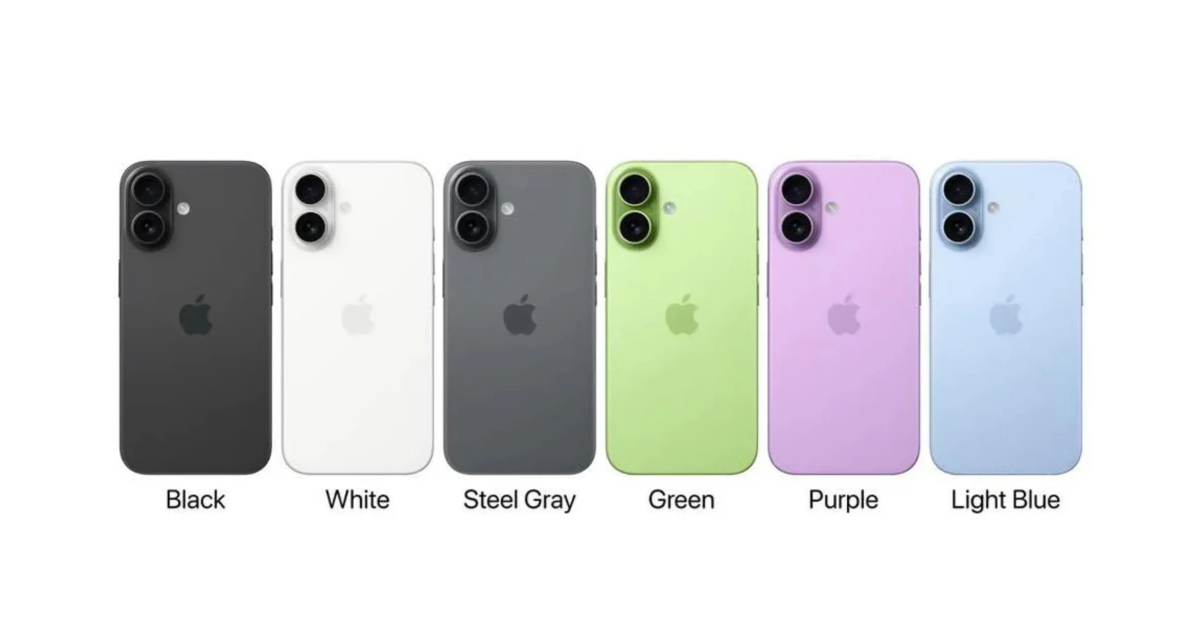 아이폰17 색상, 왼쪽부터 블랙, 화이트, 스틸 그레이, 그린, 퍼플, 라이트 블루 색상이에요