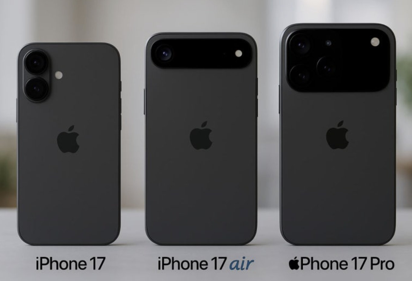왼쪽부터 아이폰17, 아이폰17 에어, 아이폰17 에어, 아이폰17 프로의 예상 디자인 모습이에요.