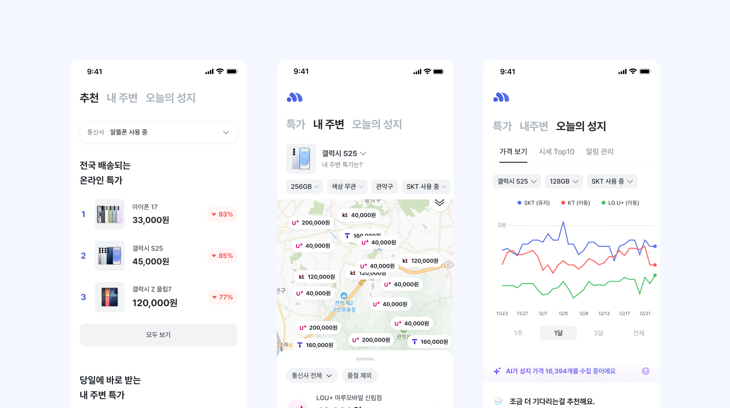 모요 앱 '추천·내 주변·오늘의 성지' 탭에서 온라인 특가 , 내 주변 특가 확인, 가격 추이 조회까지 한눈에 가능한 화면 구성